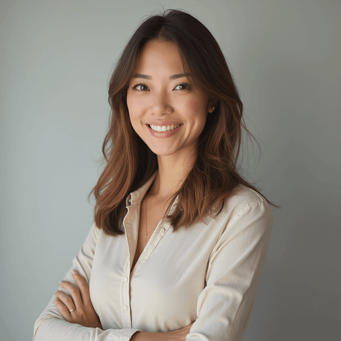 Confident female CEO headshot pose with a natural, self-assured expression