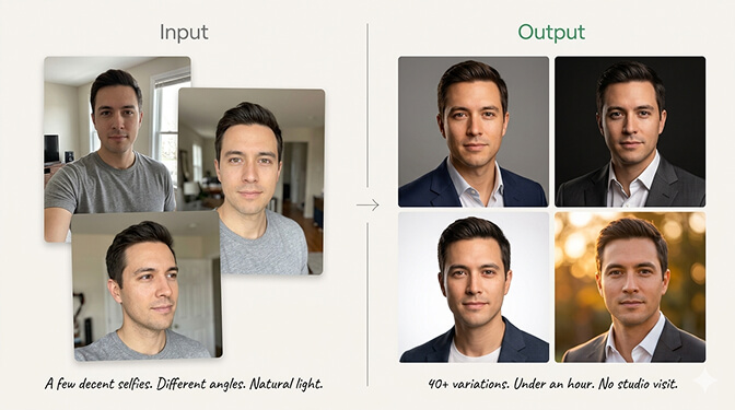 Before and after comparison of AI generated headshots showing studio quality results from casual selfie uploads