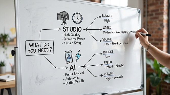 Decision framework flowchart helping Houston professionals choose between studio headshots and AI headshot generators based on budget timeline and use case