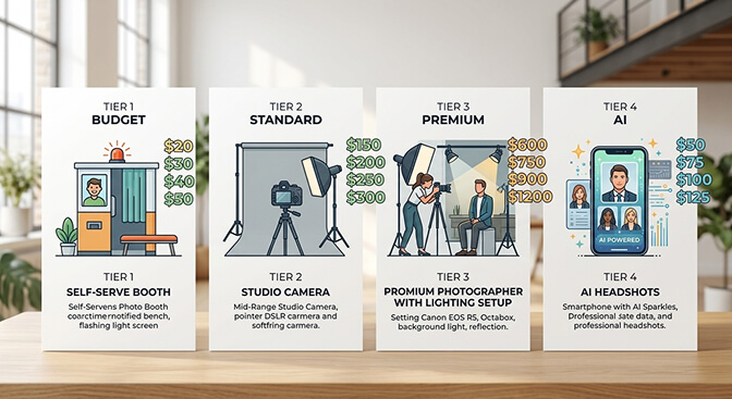 Houston headshot pricing comparison table showing costs from 50 dollars for self serve studios to over 1200 dollars for premium photographers