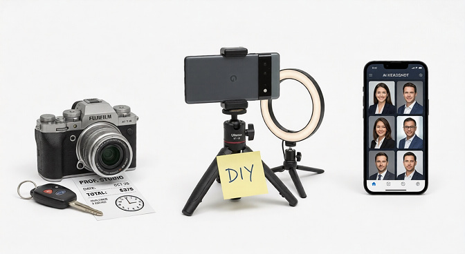 Cost comparison of studio headshots at 150 to 400 dollars versus DIY at 0 to 15 dollars versus AI headshots at 29 dollars