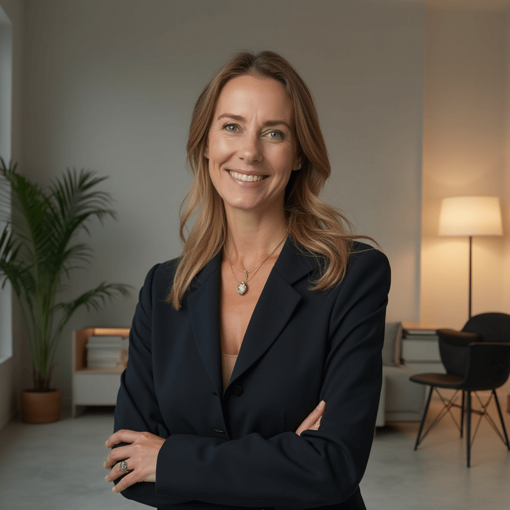 Female CEO headshot in a navy blazer, smiling in a warm modern office