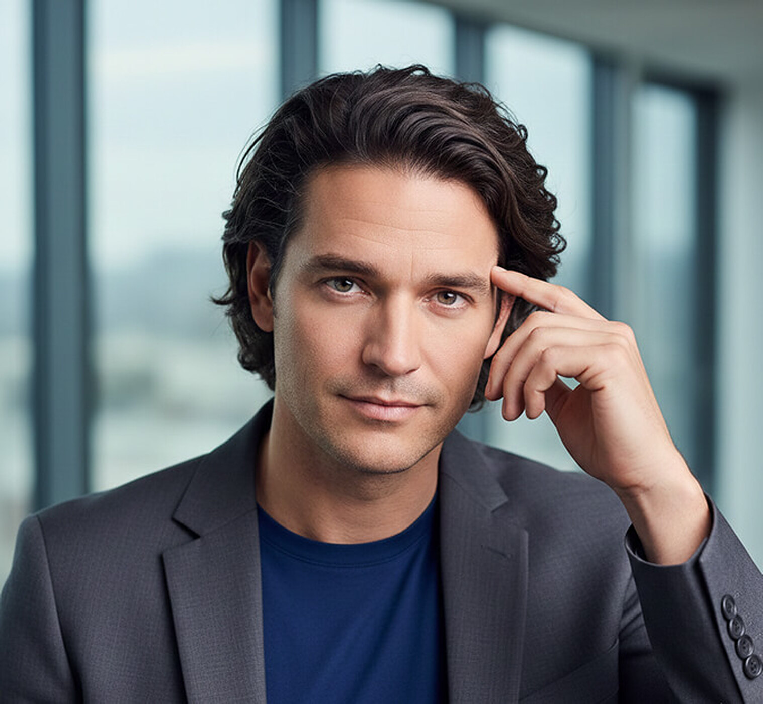 Man with wavy dark hair in a grey blazer and navy t-shirt raising one hand to his temple in front of a glass office wall, a relaxed and natural corporate portrait pose.
