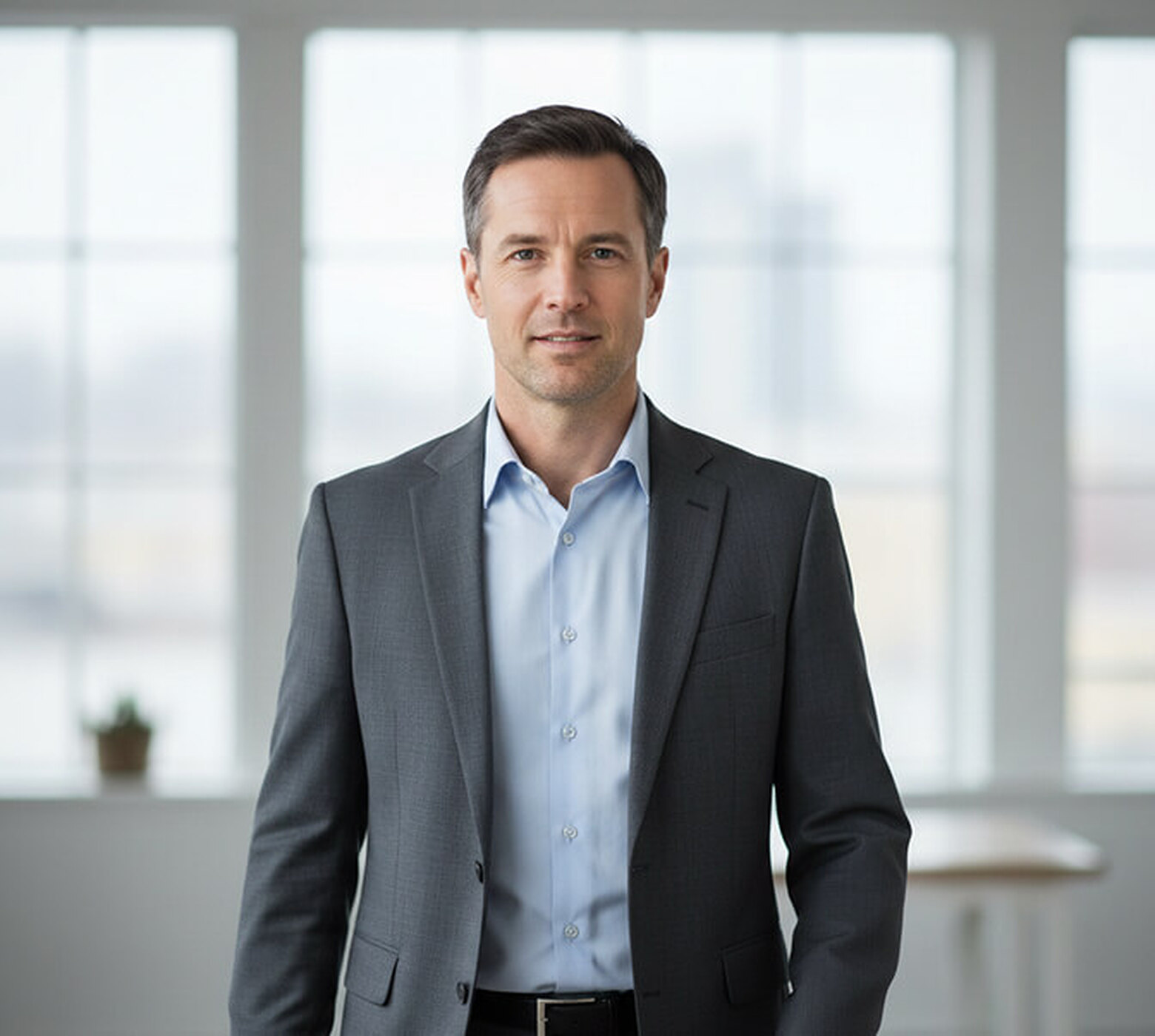 Man in a grey suit jacket and light blue shirt walking toward the camera mid-stride in a loft office with tall windows behind him, a dynamic corporate portrait pose.
