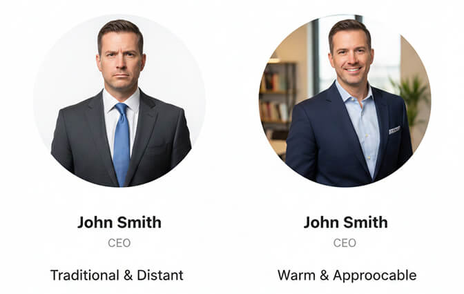 LinkedIn profile photo comparison showing professional vs casual headshots and their impact on engagement