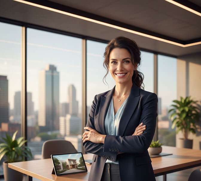 real estate agent headshot with genuine smile and outdoor elements