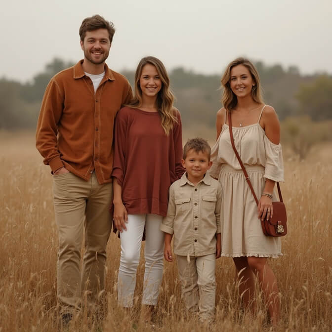 family of four in earth-toned outfits, standing in a field with a natural outdoor backdrop.