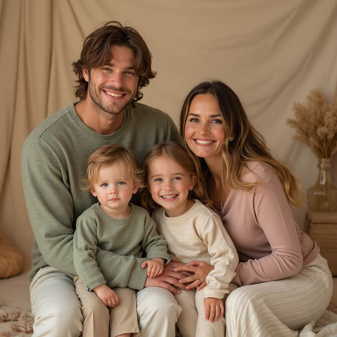 family of four in soft pastel outfits, smiling together against an indoor backdrop.