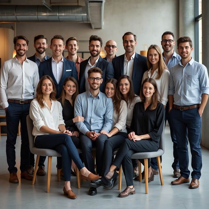 seating and standing pose for a business team photo