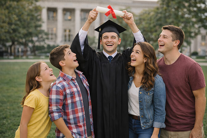 Siblings lined up by height with graduate holding diploma high above the group