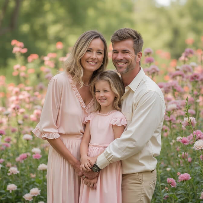 family portrait featuring soft pastel color scheme, with the father, mother, and child dressed in shades of pink and ivory