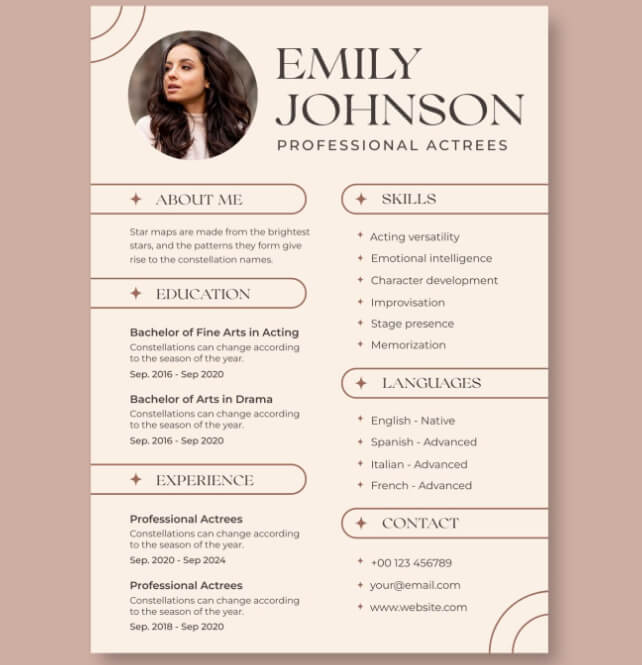 actress resume template featuring special skills for casting directors.