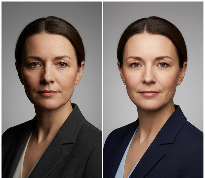 Strategic lighting casting a shadow under the jawline to conceal a double chin