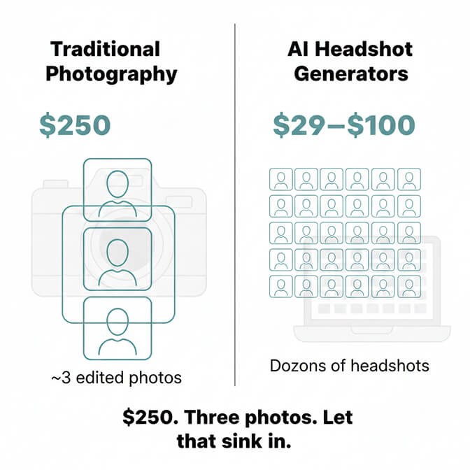 Traditional headshot photography cost comparison vs AI headshot cost showing price difference between $250-$500 traditional sessions and $29-$50 AI alternatives