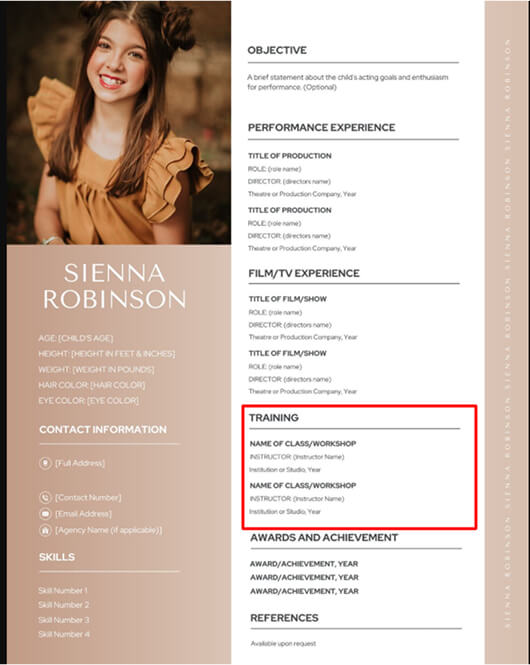 actress resume template featuring training details