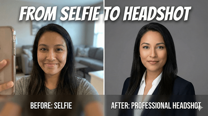 A side-by-side image showing a before selfie on the left and a professionally taken headshot on the right, with text overlay reading 'From Selfie to Headshot.