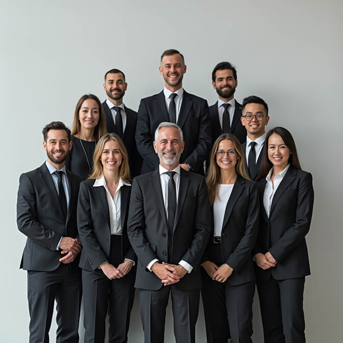 staggered triangle pose for a business team photo