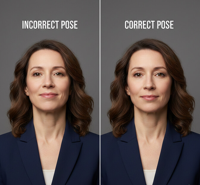 The turtle technique pushing forehead forward to define the jawline in a headshot