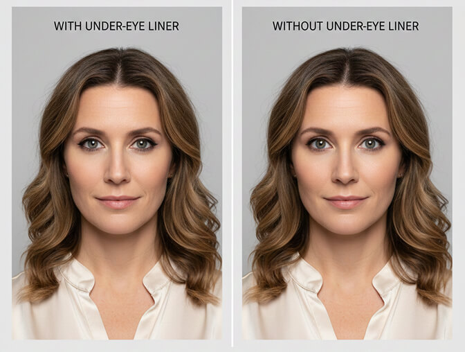 Comparison showing how under-eye liner makes eyes appear smaller in professional headshots