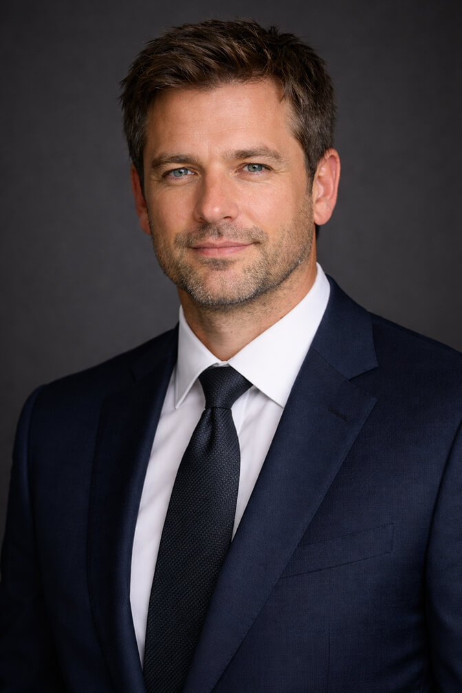 Professional headshot of a man in a conservative navy suit with a white shirt and solid tie against a clean background projecting credibility for finance and law roles