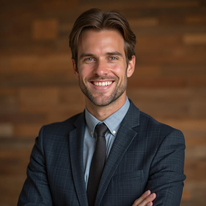 professional headshot on a wood panel background