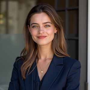 Smiling woman in navy blue blazer, standing in front of a glass door with soft lighting.