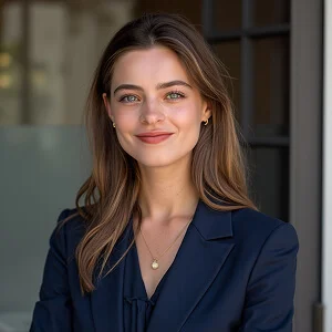 Smiling woman in navy blue blazer, standing in front of a glass door with soft lighting.