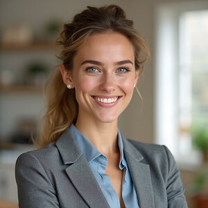 Smiling woman in gray blazer standing indoors with soft natural lighting and a blurred background.