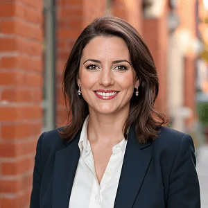 AI-generated headshot of a woman with shoulder-length brown hair, wearing a navy blazer and white blouse, smiling confidently in an outdoor setting with brick buildings in the background.