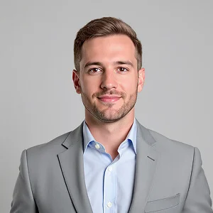 AI-generated headshot of a man with short blonde hair, wearing a gray suit and a light blue shirt, smiling confidently against a neutral background.
