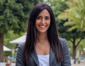 Smiling woman in a gray blazer standing outdoors with trees and a blurred background.