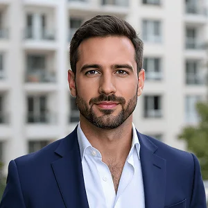 AI-generated headshot of a man with short dark hair and a beard, wearing a navy suit and white shirt, smiling confidently in front of a modern building.