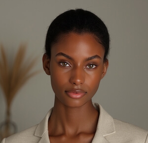 Headshot of a woman with short black hair wearing a light-colored blazer against neutral background