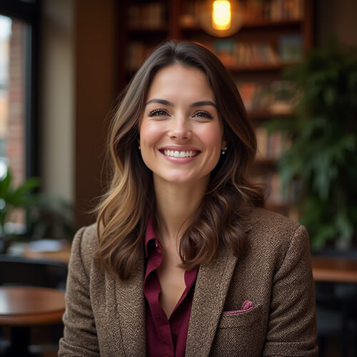 Professional AI headshot of a woman with long wavy brown hair wearing brown tweed blazer over maroon blouse, smiling warmly against cozy office background