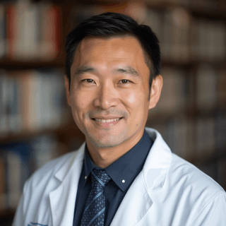 AI generated eras headshot of a man in blurred library setting with bookshelves in background