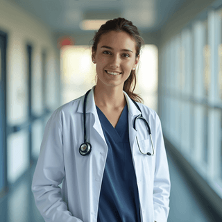 AI generated eras headshot of a woman wearing white coat with stethoscope