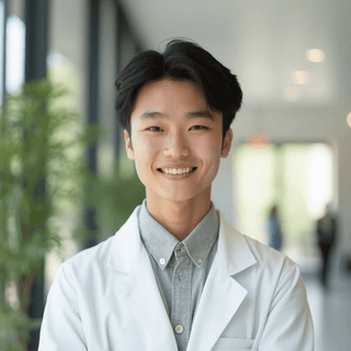 AI generated eras headshot of a man in blurred hospital corridor with grrenery background