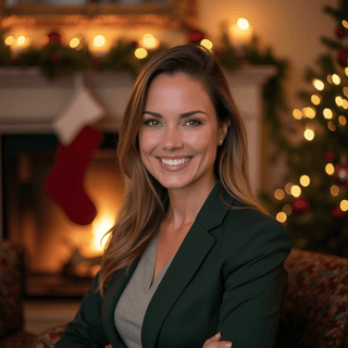 AI generated Christmas Office headshot of a woman with lighting and christmas tree in background