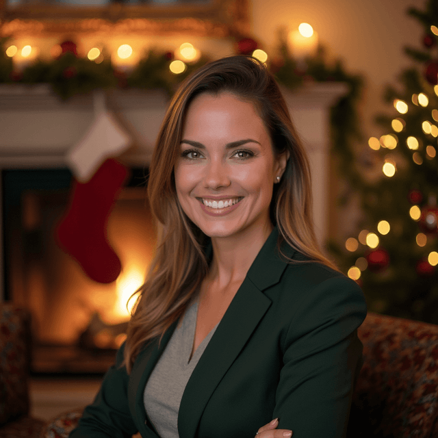 AI generated Christmas Office headshot of a woman with lighting and christmas tree in background