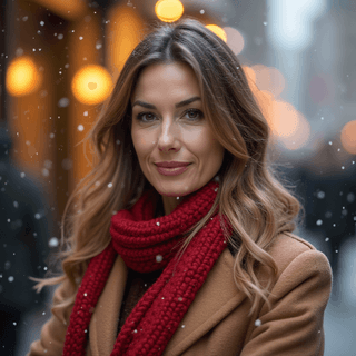AI generated Christmas Office headshot of a woman with snowfall in background