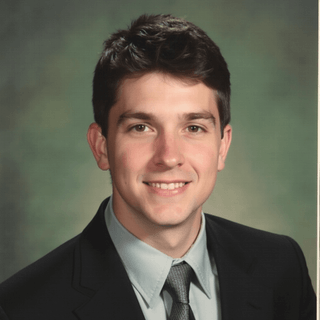AI-generated yearbook headshot of a white man with short dark brown hair