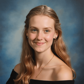 AI-generated yearbook headshot of a white woman with soft blurred blue gradient backdrop.