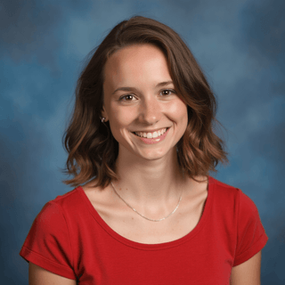 AI-generated yearbook headshot of a young white woman in blurred blue gradient backdrop