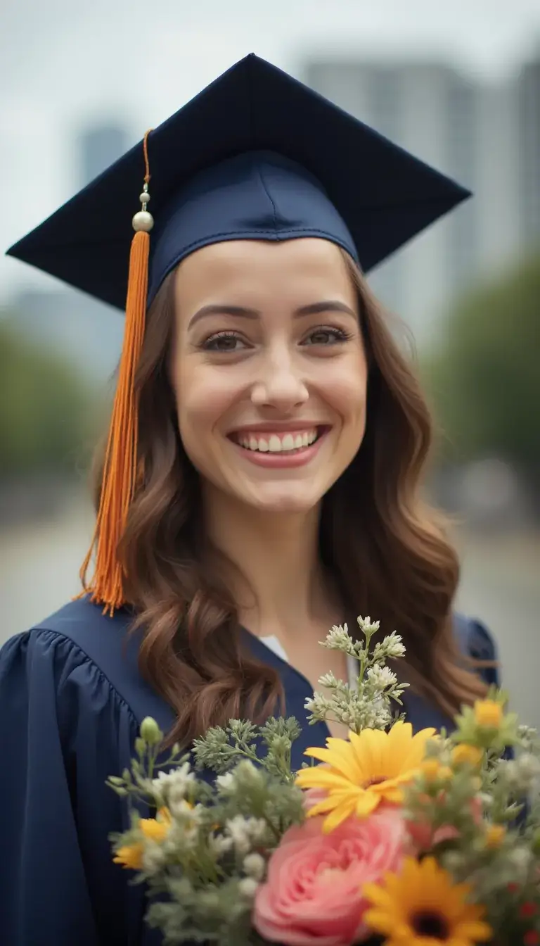Graduation photo of a smiling woman in a blue cap and gown holding a bouquet of flowers.