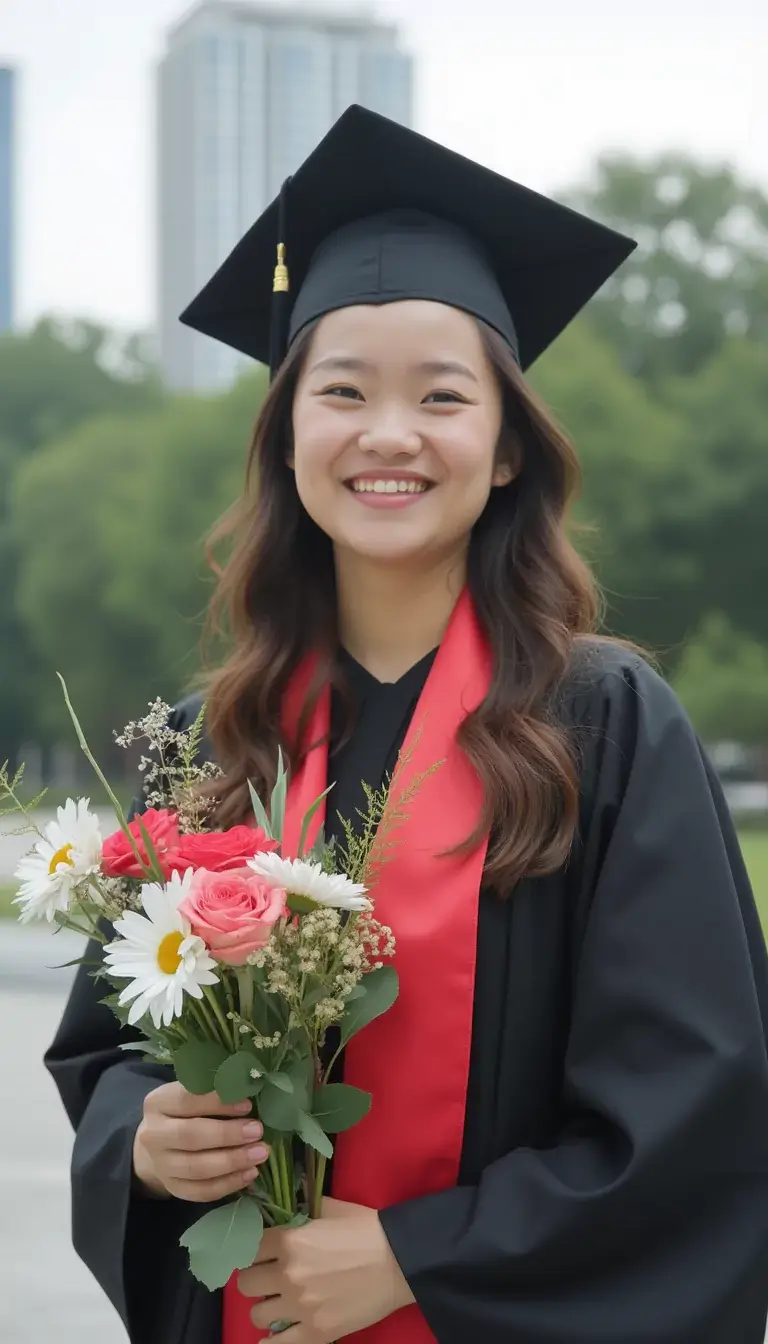 Portrait of a woman in a black cap and gown holding a bouquet of flowers smiling outdoors.