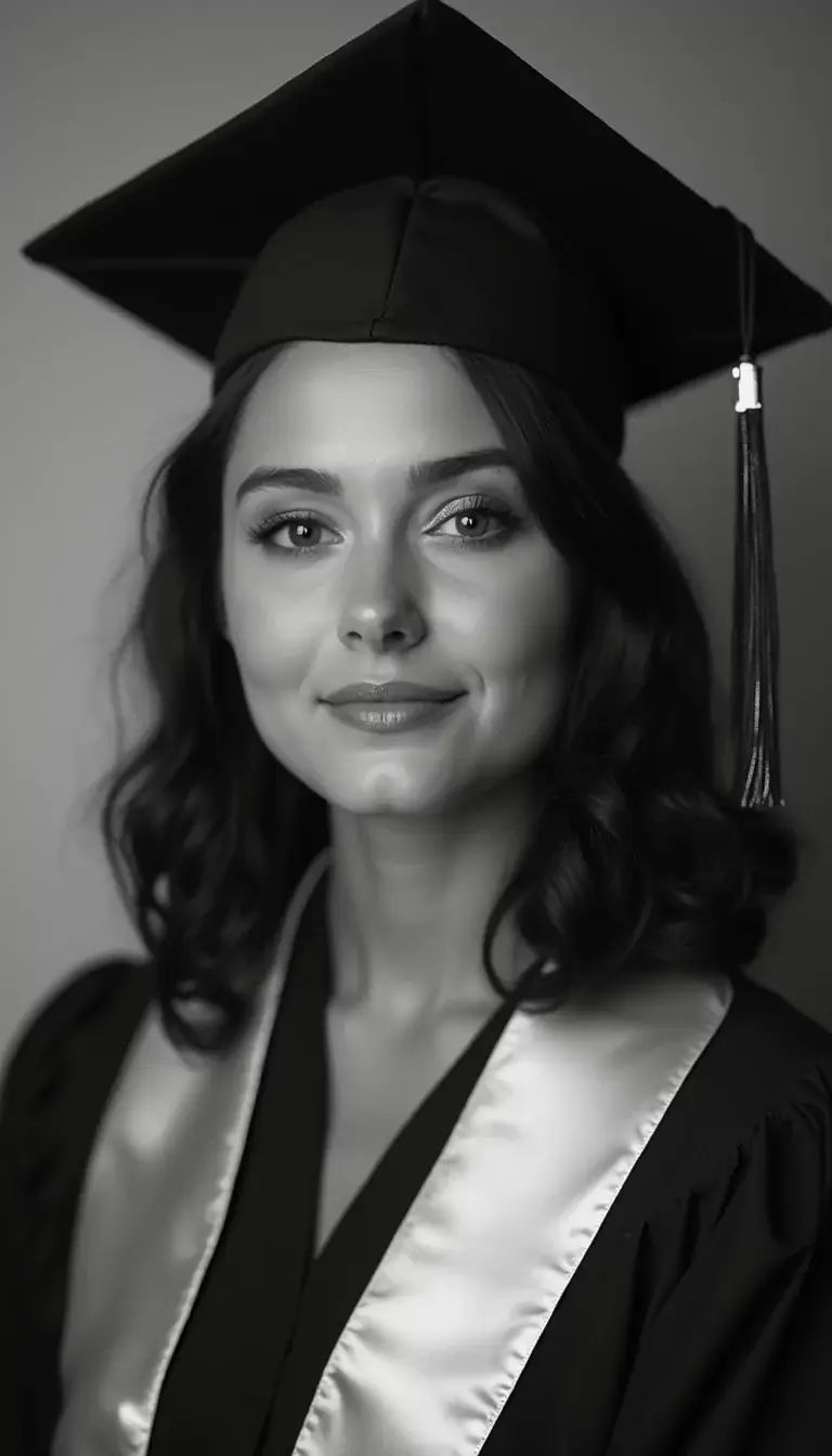 Black and white graduation photo of a woman in a black cap and gown