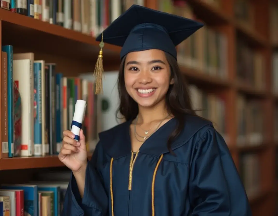 AI-generated graduation headshot of a woman with bookshelves background