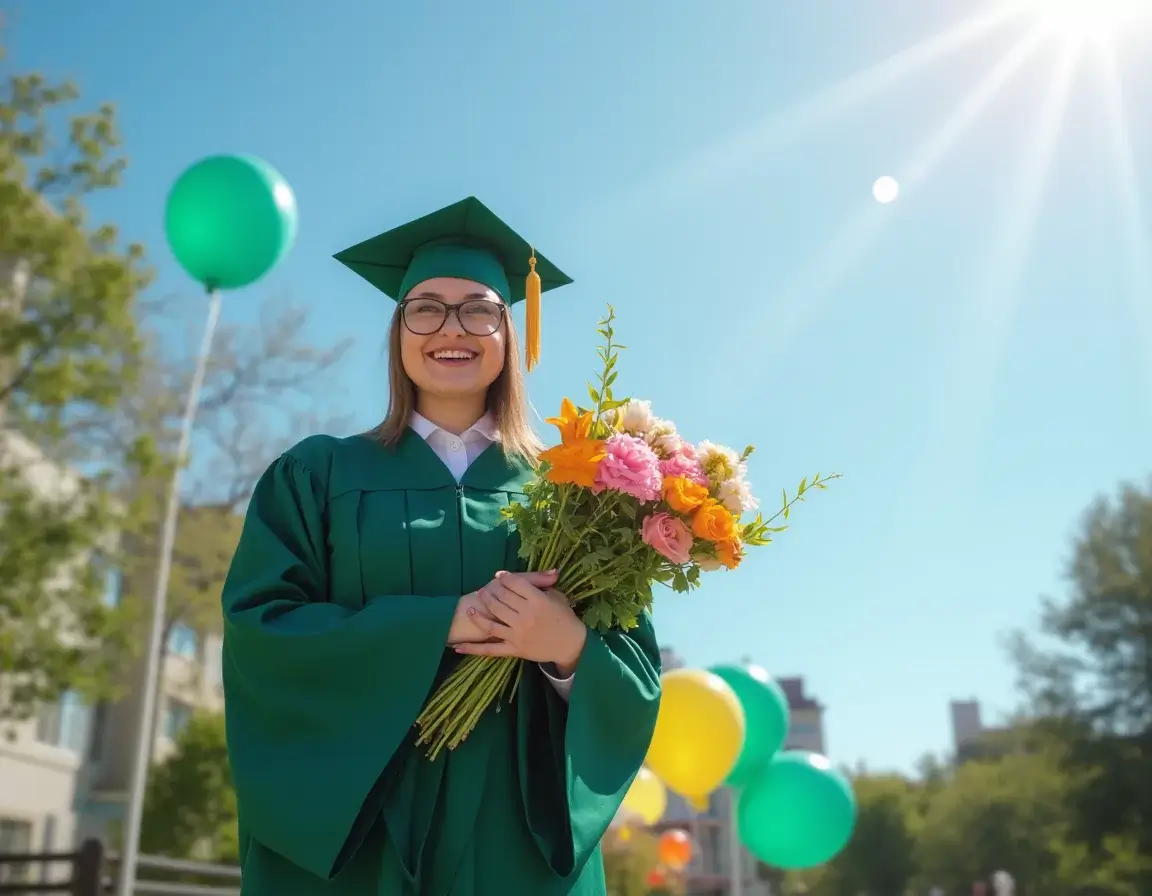 Smiling graduate in a green cap and gown holding a bouquet of colorful flowers with balloons in the background