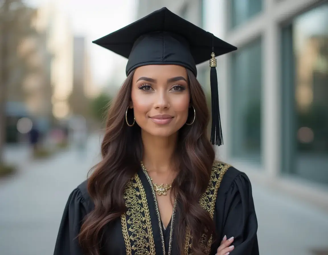Graduation headshot of a woman standing outdoors with blurred background