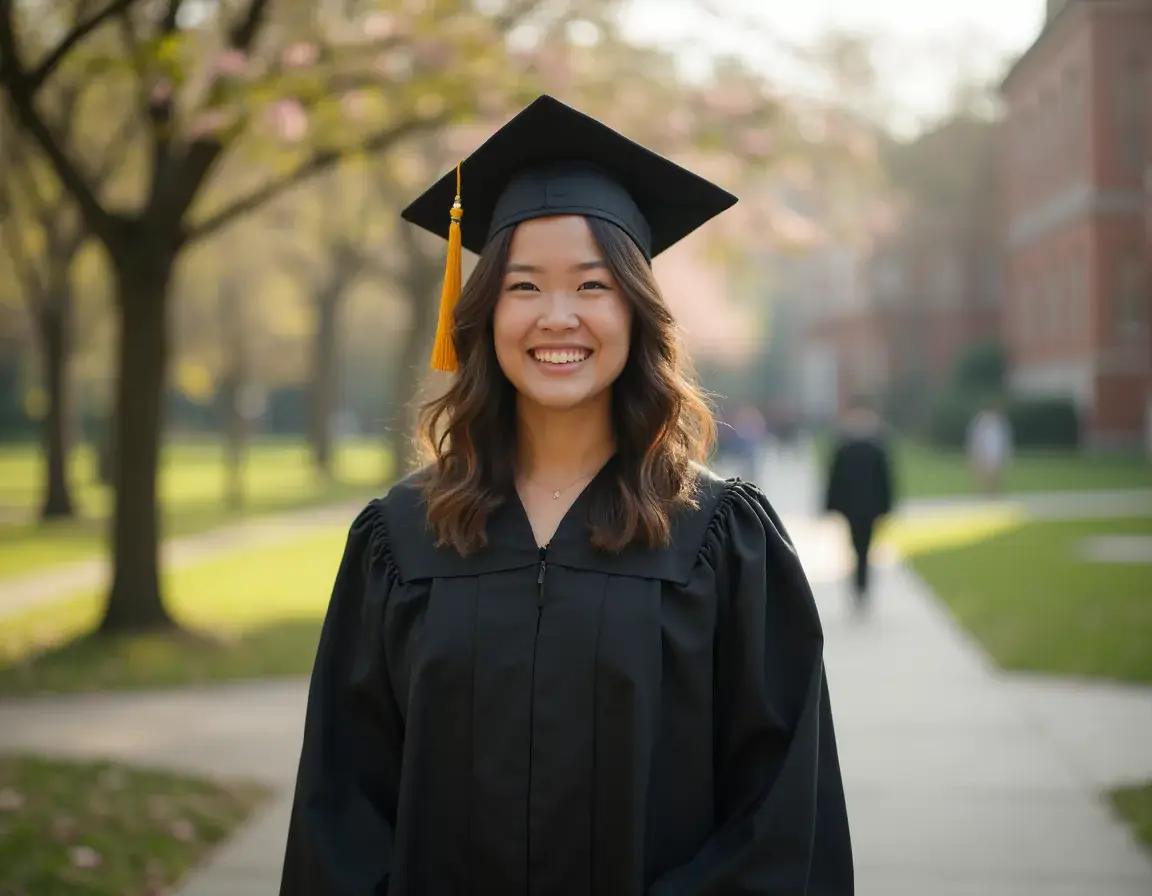 AI-generated graduation headshots of a woman standing outdoors.